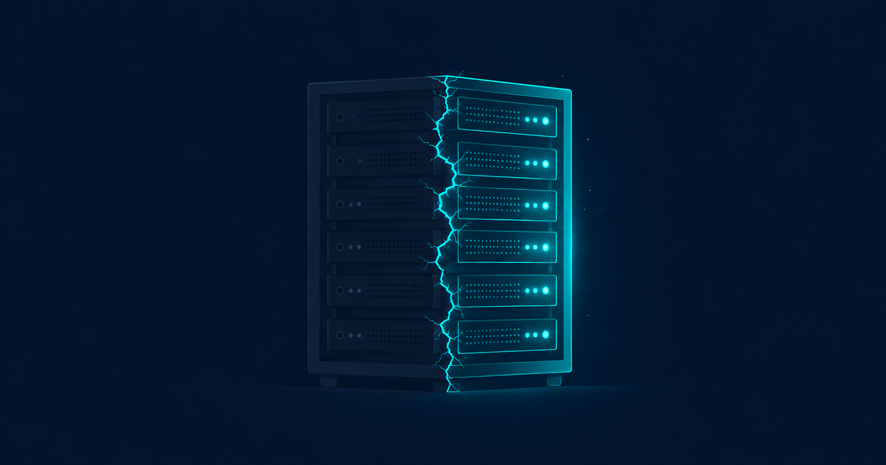 Linux disaster recovery planning — fractured server rack recovering with teal glow, AV Services Mumbai