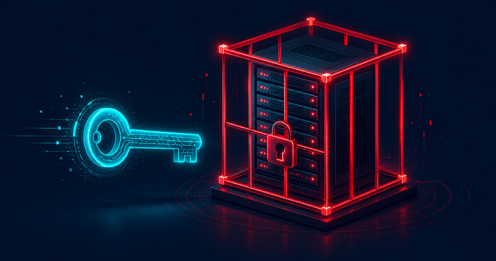 Linux ransomware recovery — server in geometric cage with teal key, AV Services India
