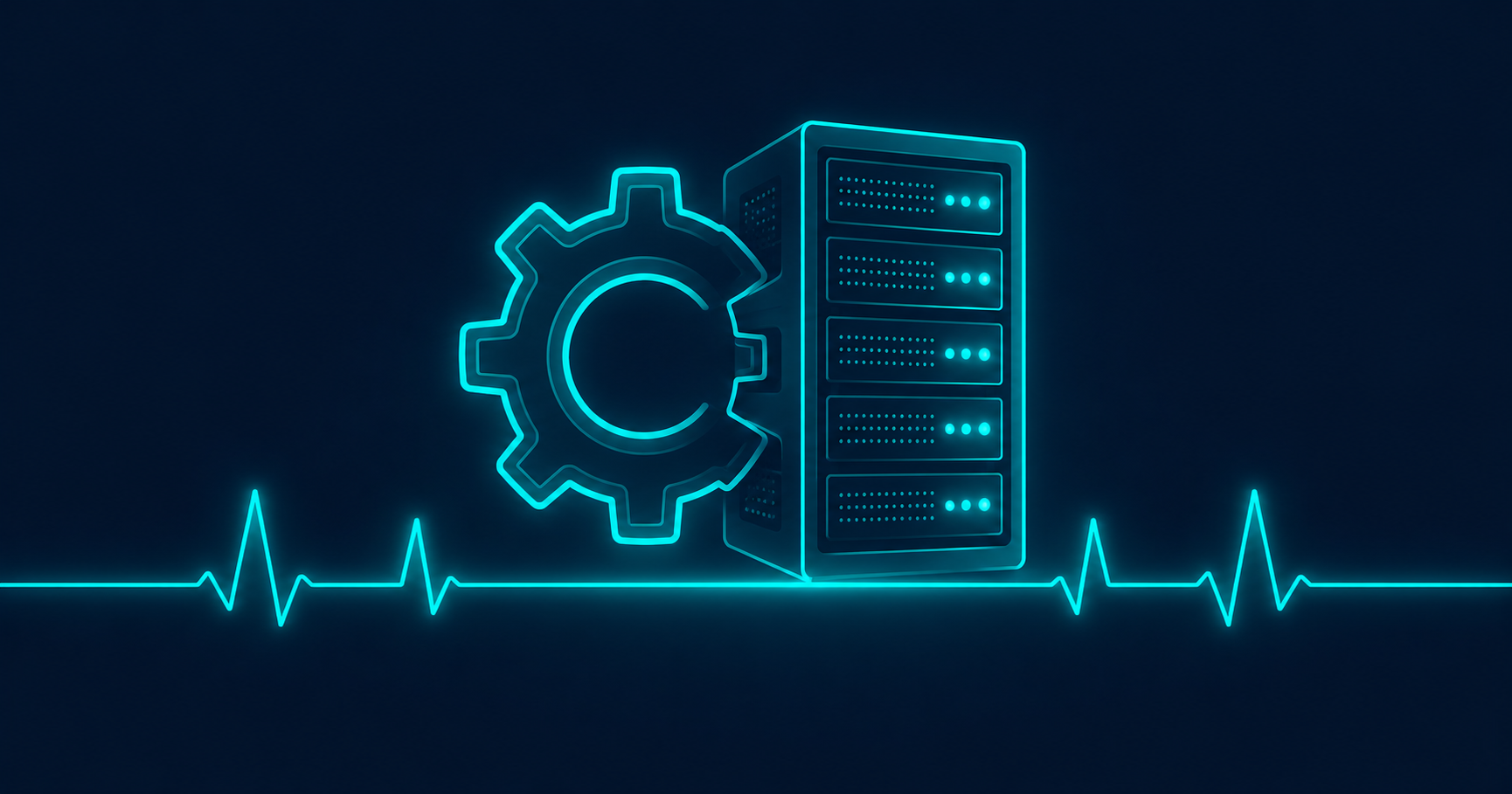 Linux server uptime for manufacturing — gear interlocked with server tower, AV Services India