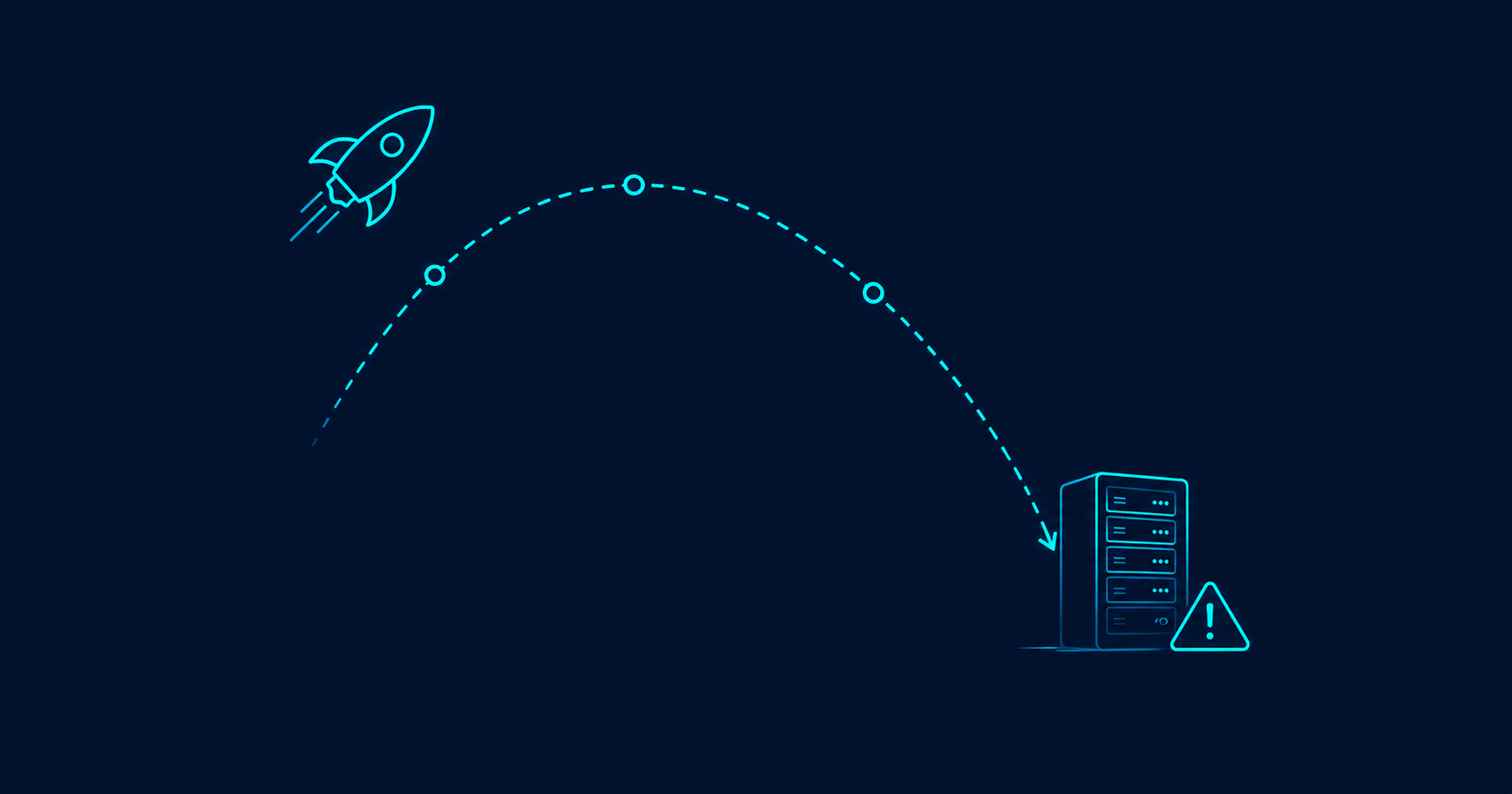 Startup Linux server failure risk — rocket trajectory dropping to server icon, AV Services Mumbai