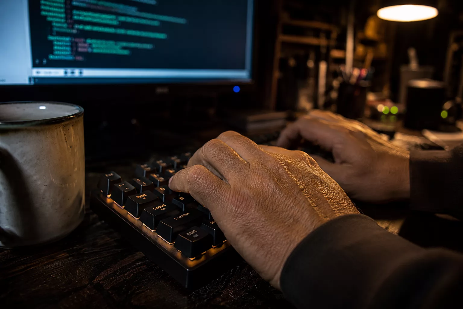 Hands on keyboard at night — Arun Valecha, founder of AV Services, Linux infrastructure specialist Mumbai since 1999