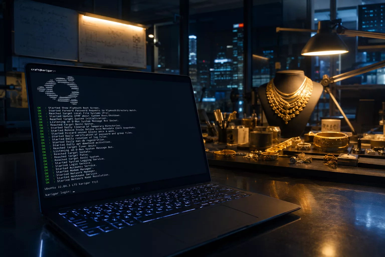 Jewellery office at night with laptop showing successful Linux boot — AR Gold Mumbai ERPNext OS overwrite recovery by AV Services 2024