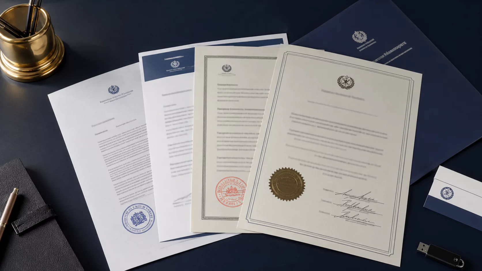 Physical credential documents on desk — AV Services verified certifications including Pyramid Computer GmbH 2009 and US vendor partnerships