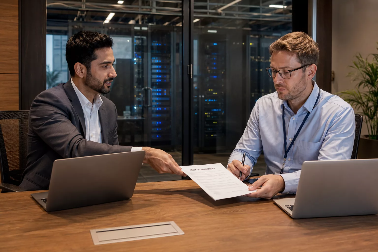 Two professionals reviewing data processing agreement — AV Services DPA compliant with DPDP Act 2023 and DPDP Rules 2025