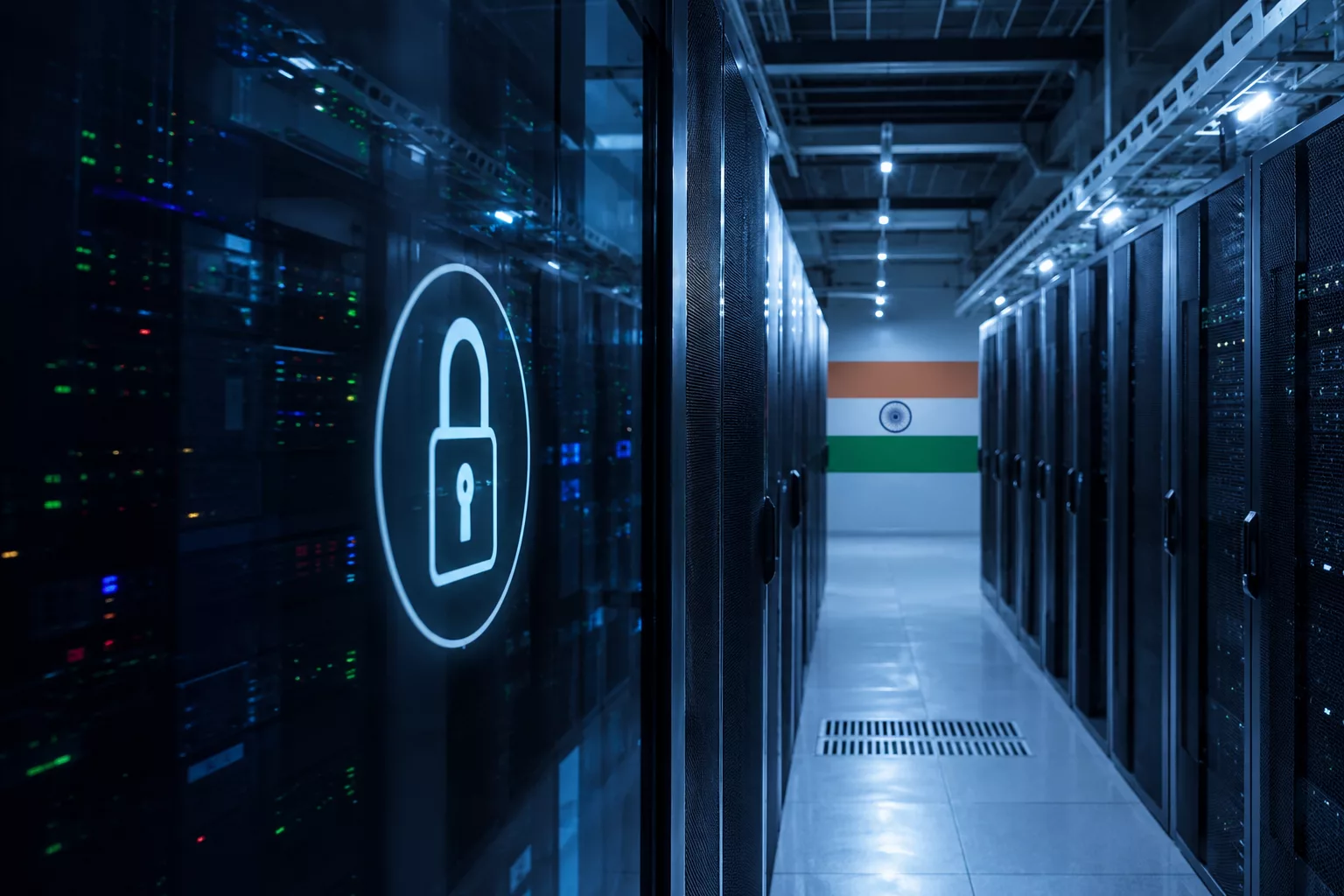 Data centre aisle with Indian flag — DPDP Act 2023 compliance for Linux server owners in India
