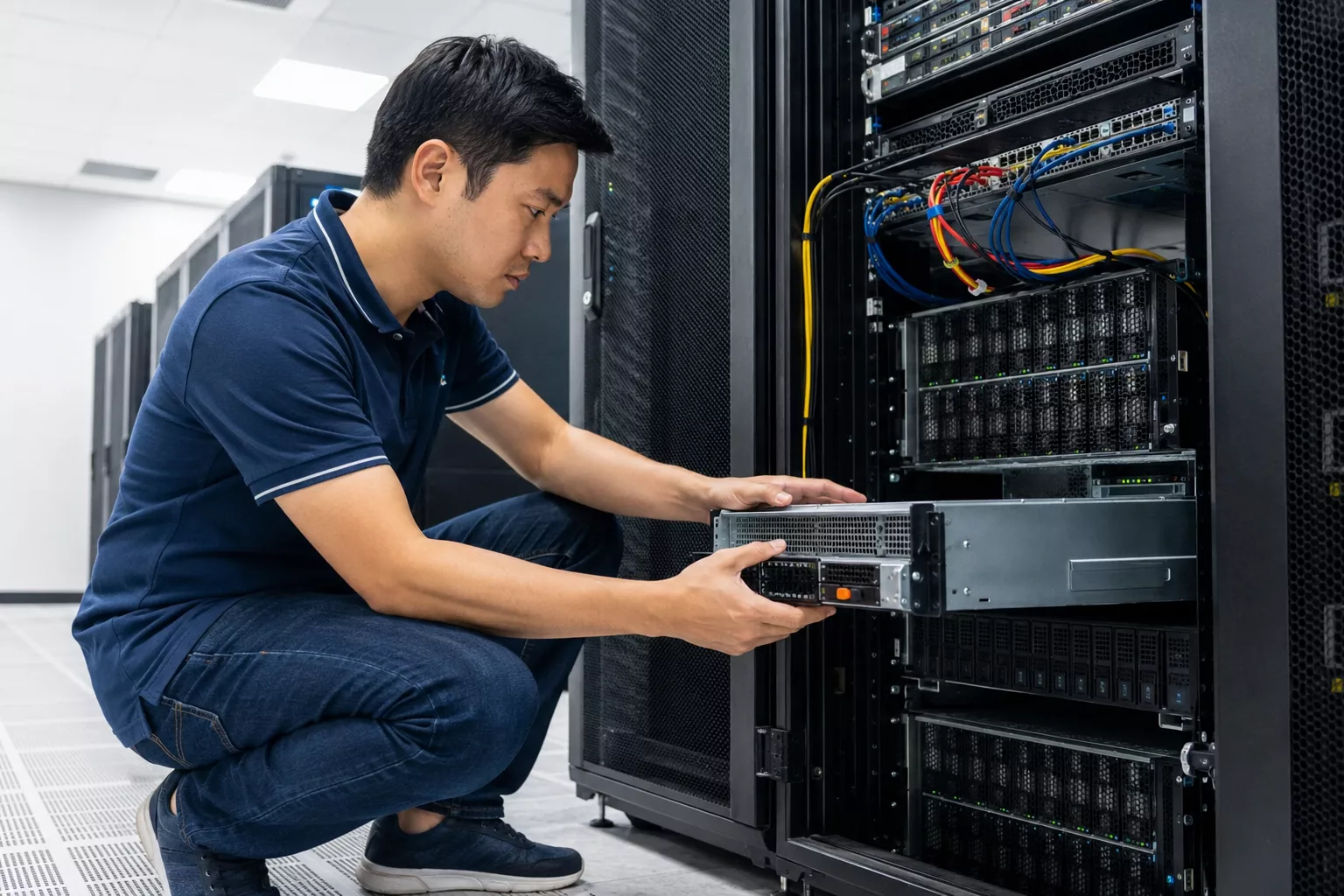 Field engineer replacing component in enterprise server rack — AV Services field engineering capability across India