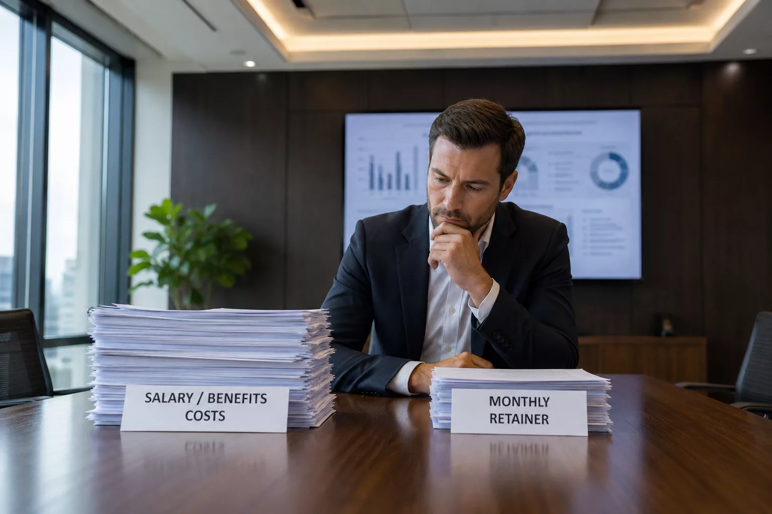 Business owner comparing in-house Linux admin salary costs versus managed retainer pricing — AV Services India