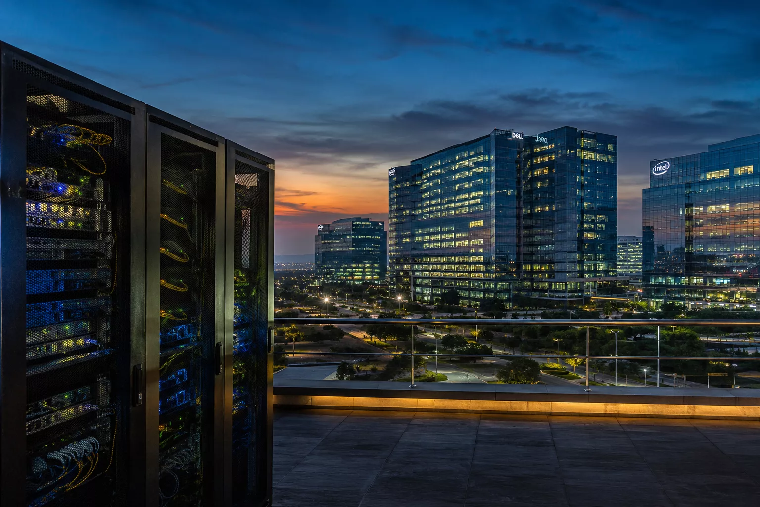 Bangalore Electronic City office park at dusk with server rack — AV Services Linux server management Bangalore