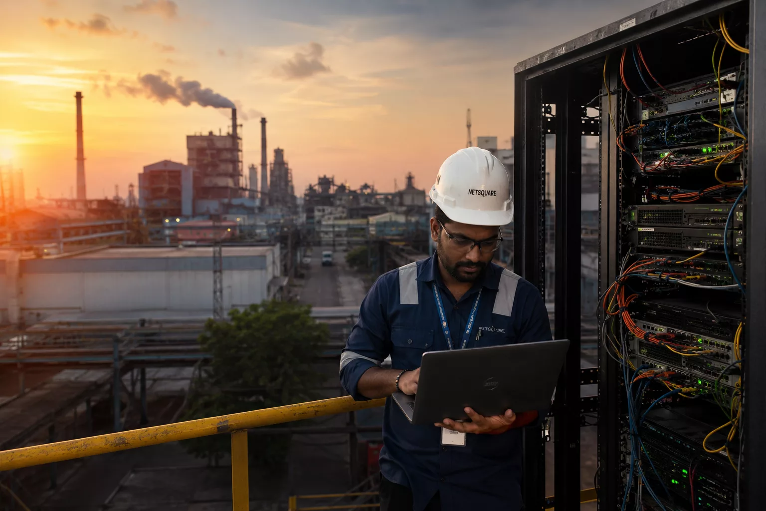 Chennai Oragadam industrial corridor with server rack and field engineer — AV Services Linux server management Chennai