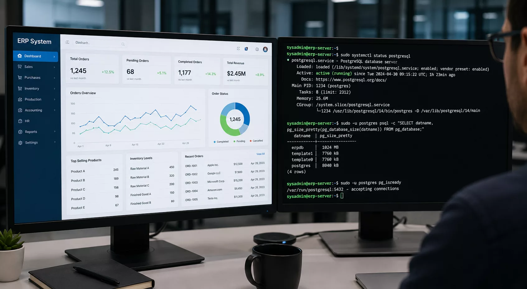ERP dashboard beside Linux terminal confirming database health — AV Services Linux server management for ERP systems India