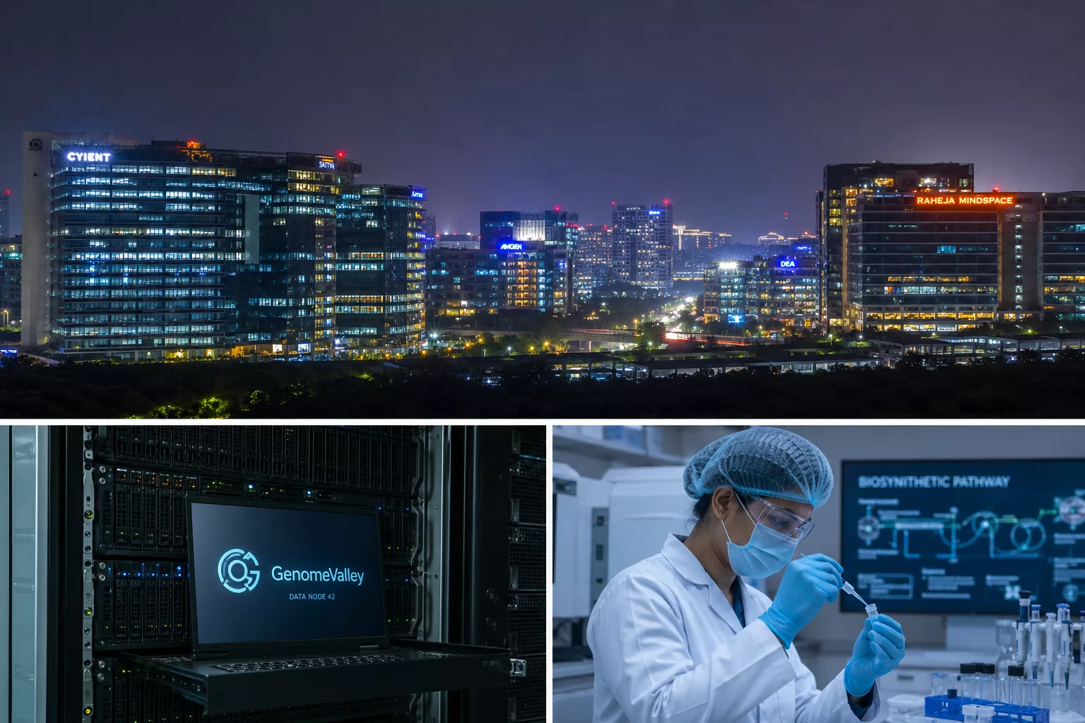 Hyderabad HITEC City skyline at night with server rack — AV Services Linux server management Hyderabad