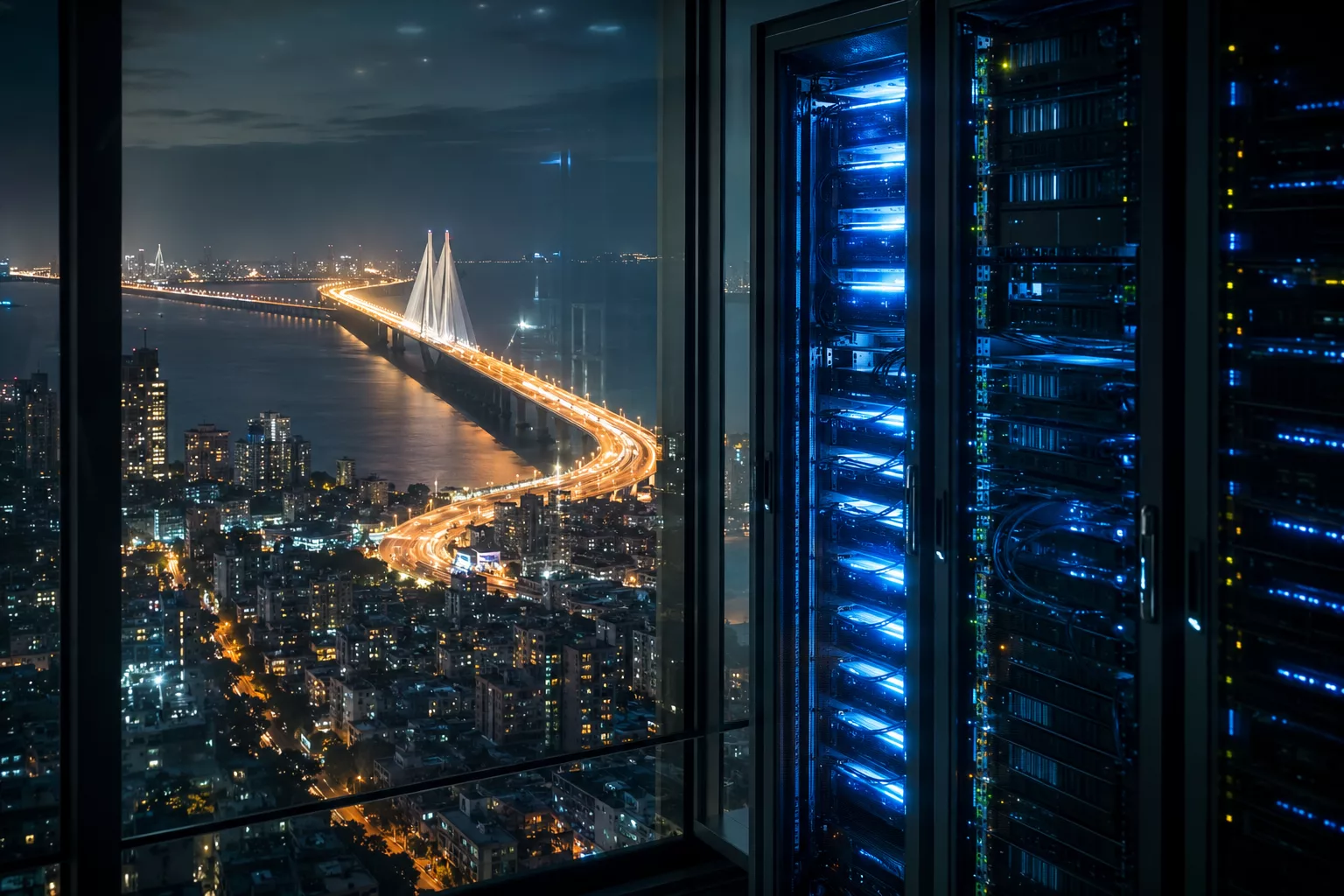Mumbai city at night with server rack — AV Services Linux server management across India since 1999