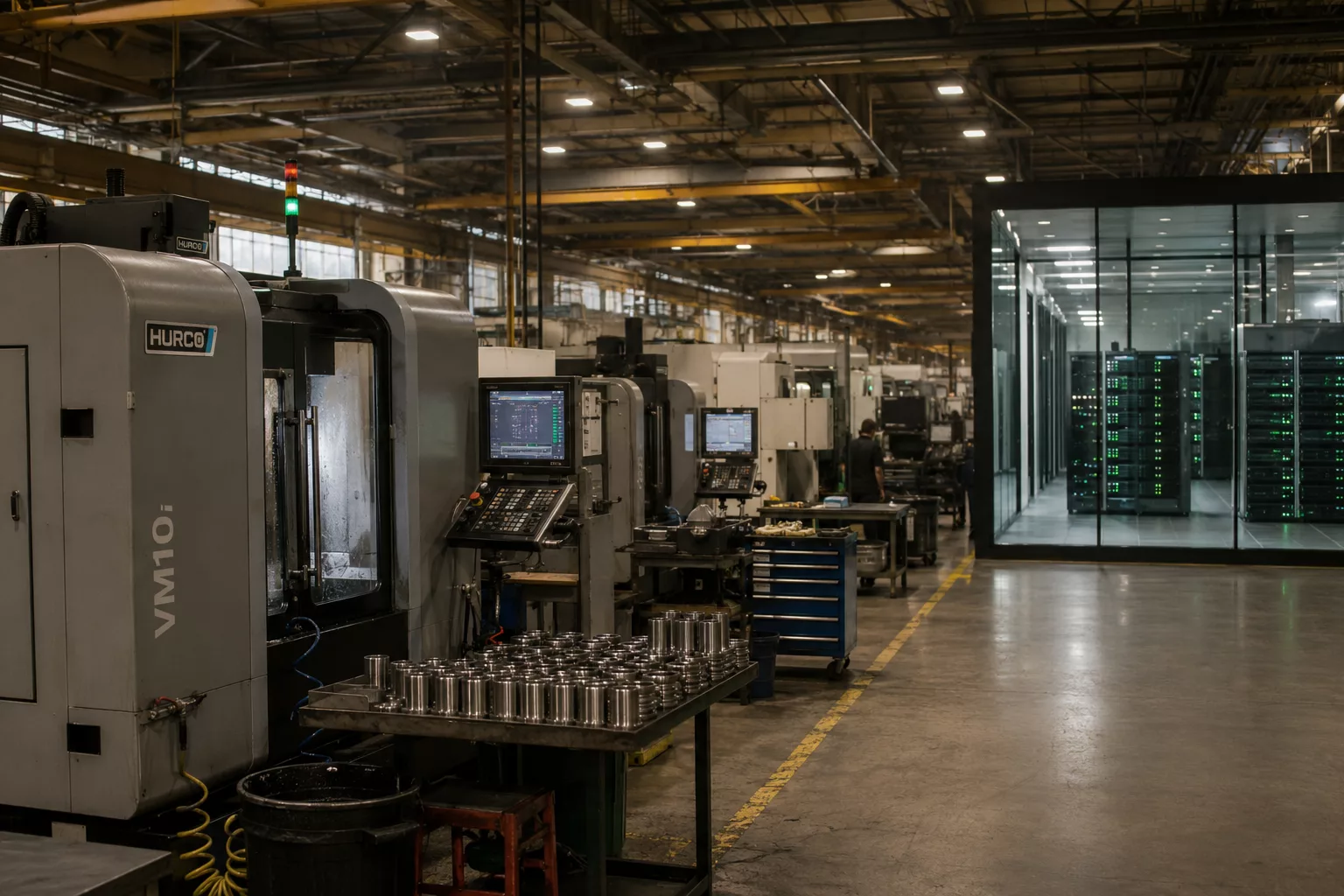 Manufacturing plant floor with CNC machinery and Linux server rack — AV Services Linux server management for manufacturing companies India