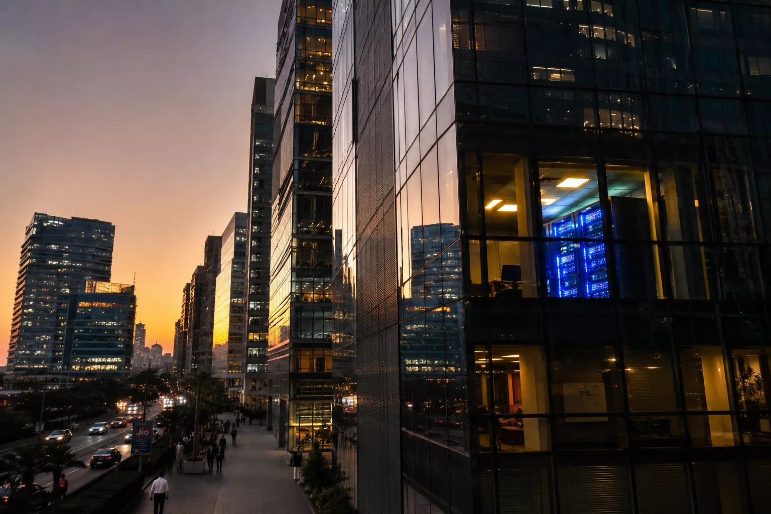 Mumbai business district at dusk with server rack visible — AV Services Linux server management Mumbai retainer