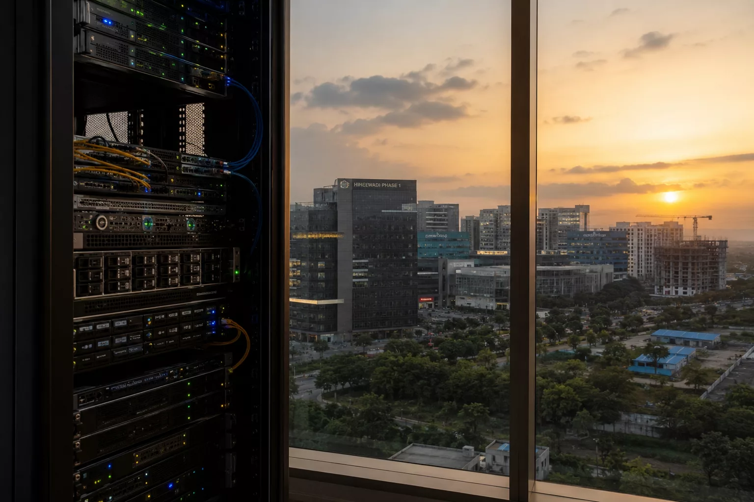 Pune Hinjewadi IT park with server rack in foreground — AV Services Linux server management Pune