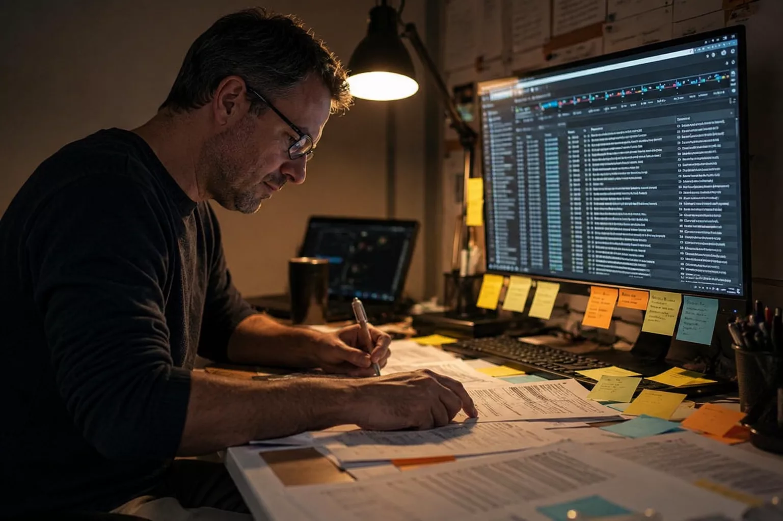 Engineer methodically reviewing log files and system event timeline — AV Services post-incident root cause analysis service