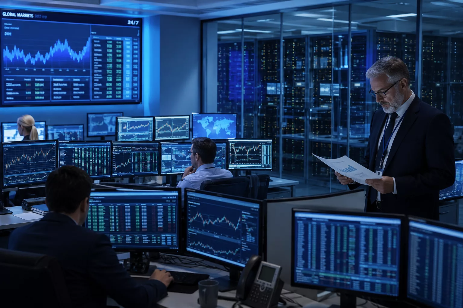 Trading floor with compliance officer reviewing report — AV Services SEBI CSCRF Linux compliance for regulated entities