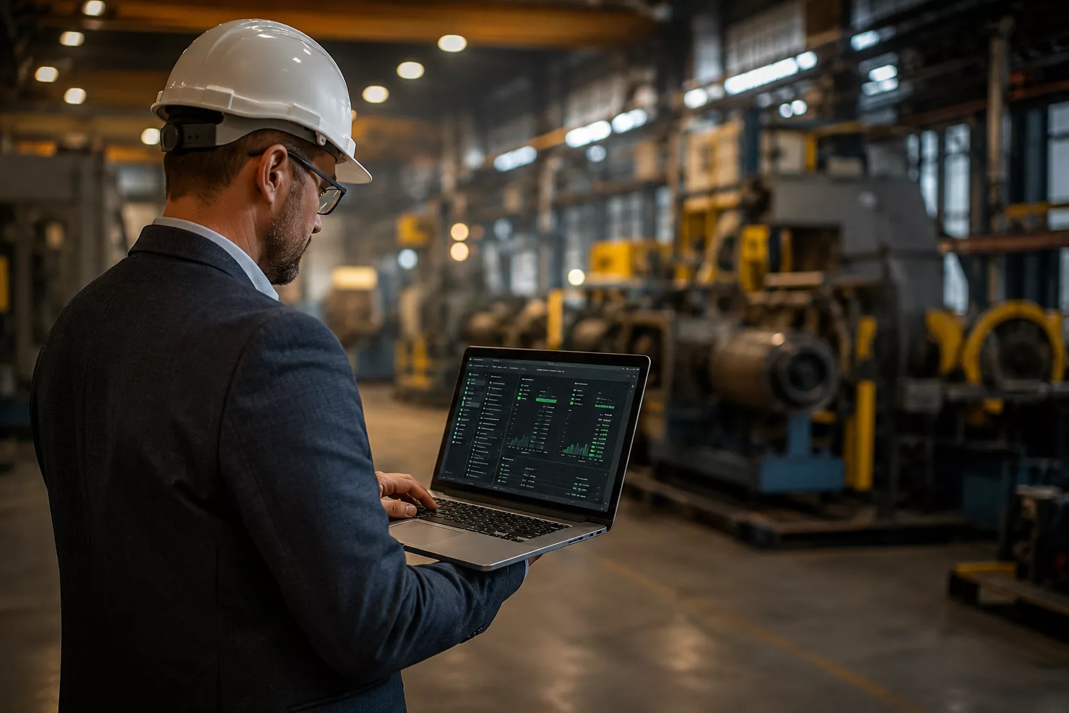 Manufacturing plant floor with business owner reviewing server monitoring dashboard — who hires AV Services for Linux management