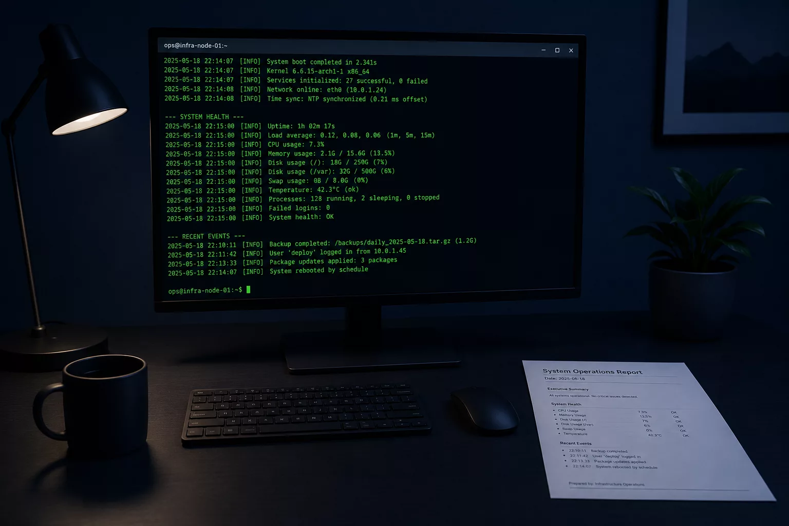 Linux server event log on a monitor at a night-time workdesk with coffee, a table lamp, and a houseplant