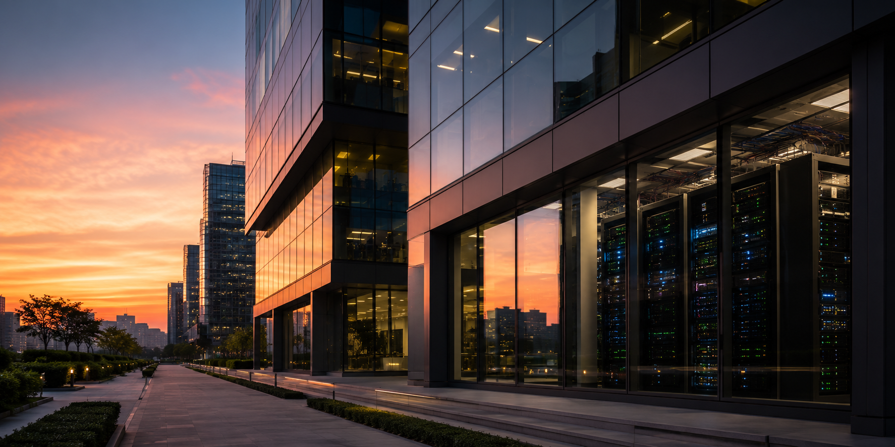 Gurugram Cyber City office tower at dusk with server rack — AV Services Linux server management Delhi NCR
