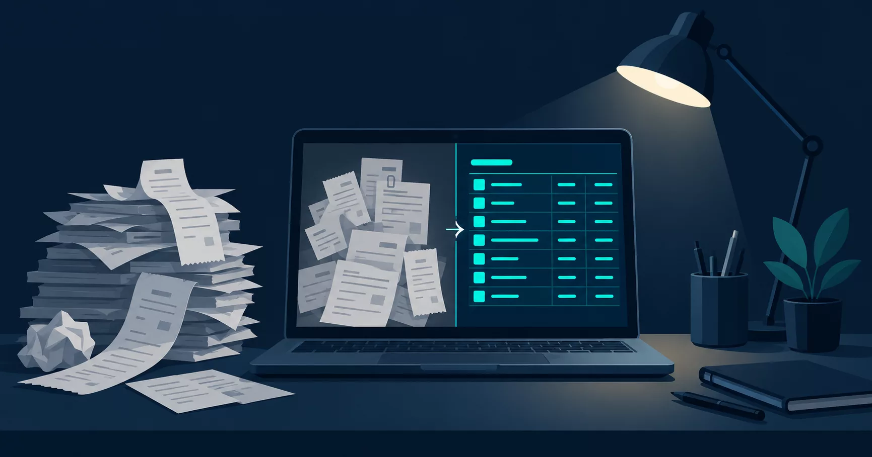 Illustration of a messy pile of paper invoices next to a laptop showing the same data organized into clean rows, representing AI-assisted bookkeeping for a solo IT consultant.
