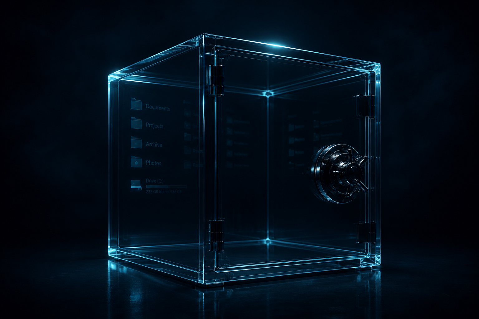 Abstract conceptual art of a transparent glass vault sitting in a dark void, empty inside with only faint reflections of folders and drives visible on the glass surface, teal accent light rimming the vault edge — representing a backup that appears to exist but contains nothing.