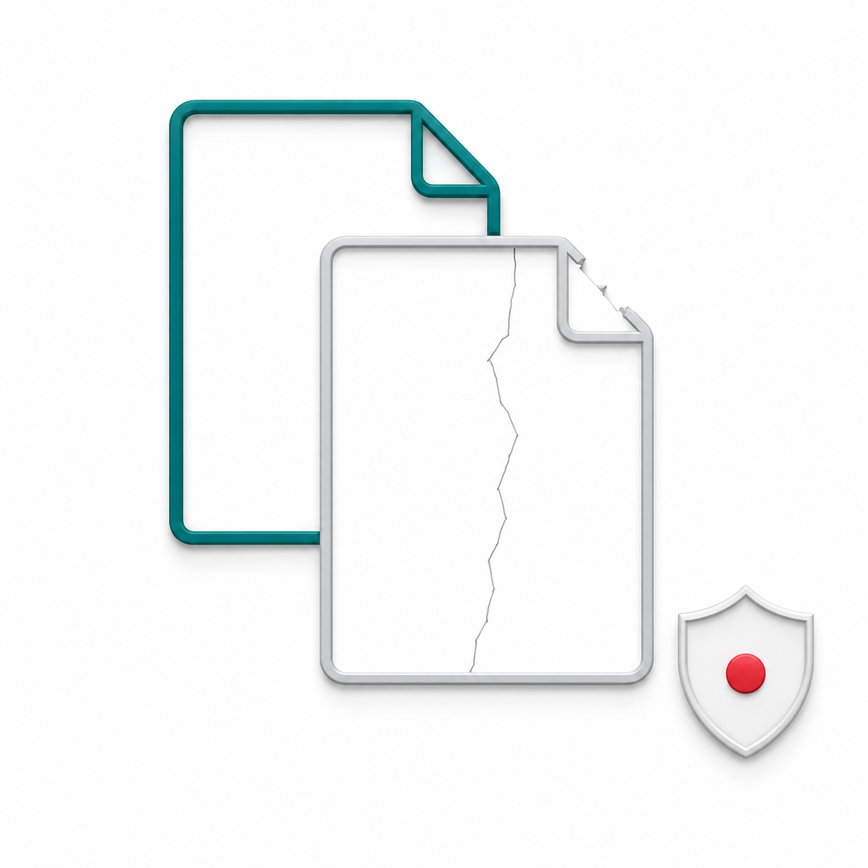 A hyper-realistic illustration of two overlapping document icons — the original in solid teal and the copy in light gray with a hairline crack and missing corner — with a small shield icon bearing a red dot, representing a Linux file copy operation that returns a success code while silently corrupting data.