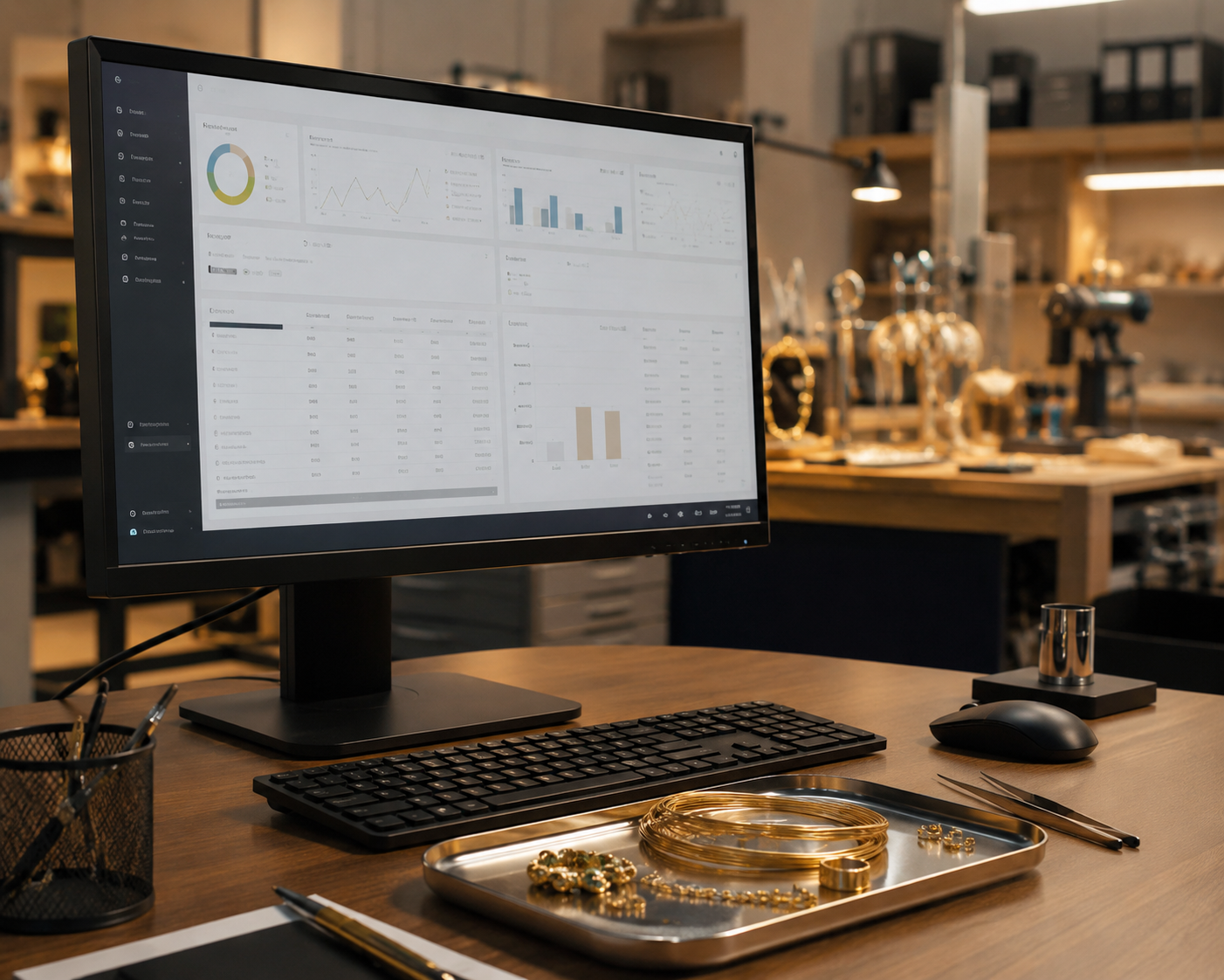 A hyper-realistic illustration of a computer workstation in a jewellery manufacturing environment — a monitor displaying an ERP dashboard with inventory and production data, a metal tray with gold wire coils and small jewellery pieces beside the keyboard, and a softly blurred workshop with warm lighting and jewellery tools in the background.