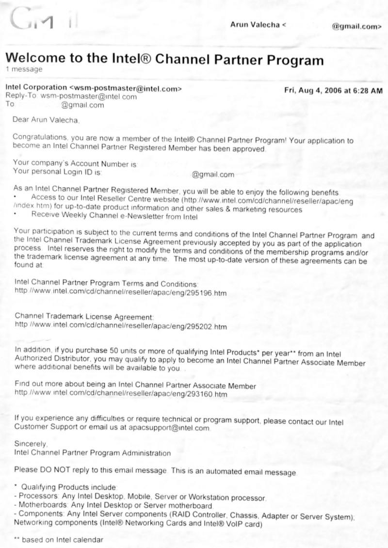 Intel Channel Partner Program certificate issued to AV Services in 2006