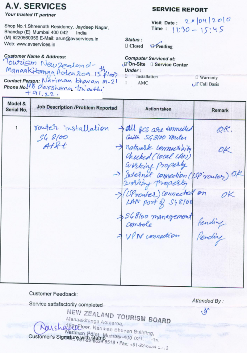 Signed and stamped service report from New Zealand Tourism Board Nariman Point Mumbai for SG8100 VPN router installation by AV Services dated 20 April 2010