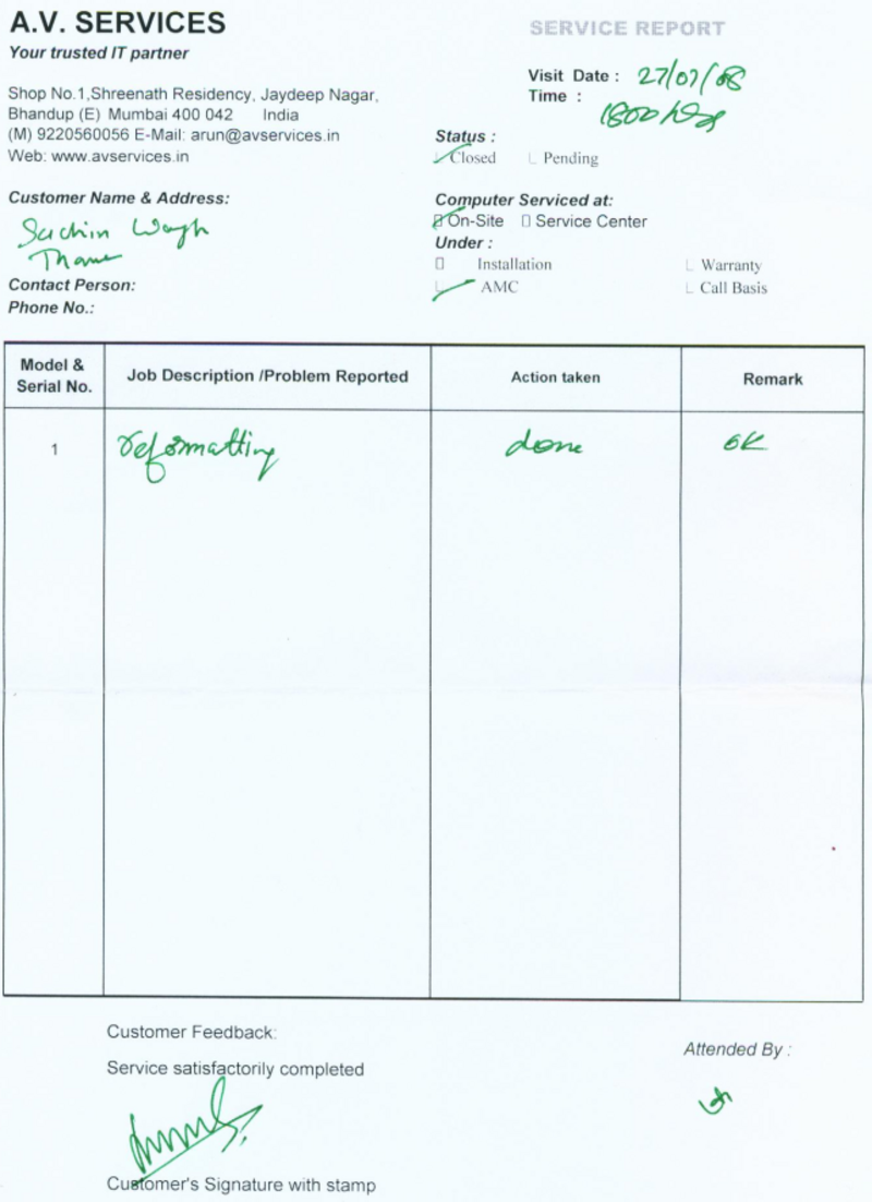 Signed service report for Linux home server data recovery Thane dated 27 July 2008