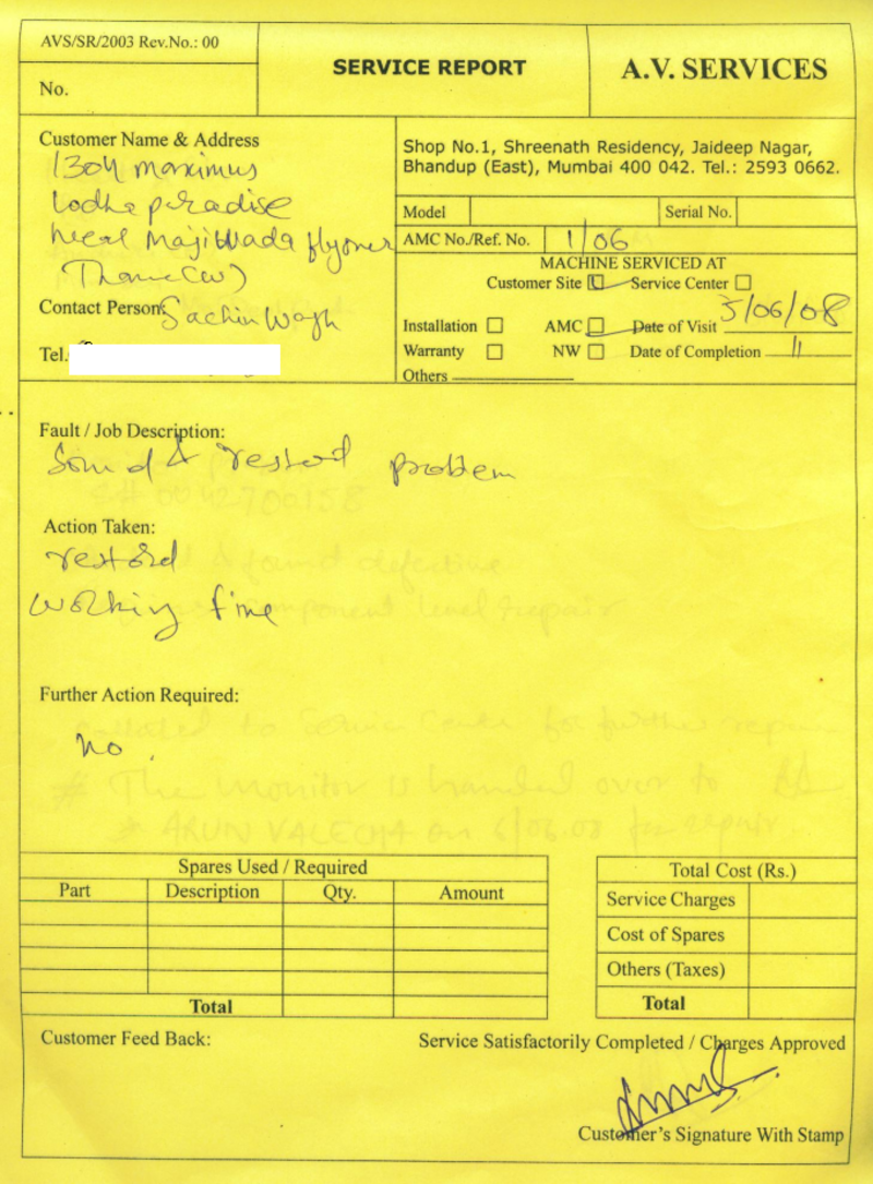 Signed service report for Linux home server data recovery Thane dated 5 June 2008