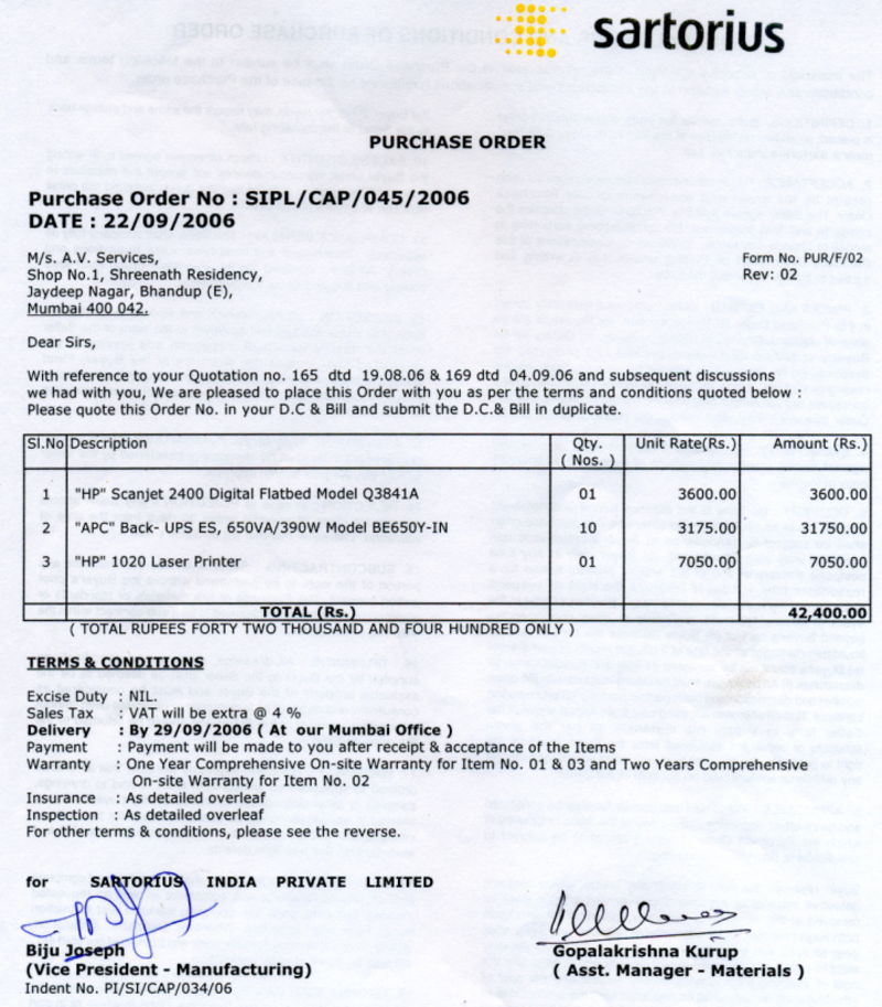 Purchase order from Sartorius Mechatronics India Pvt Ltd to AV Services for computer spares supply dated 22 September 2006