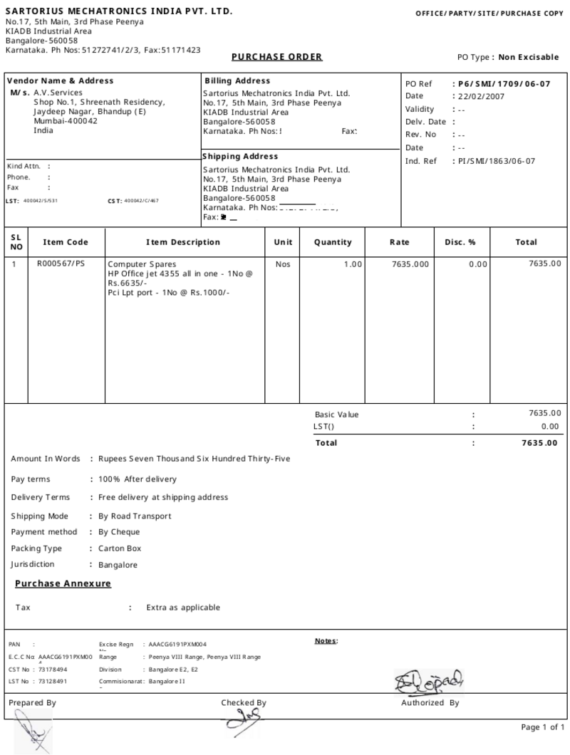 Purchase order from Sartorius Mechatronics India Pvt Ltd to AV Services for computer spares supply dated 22 February 2007