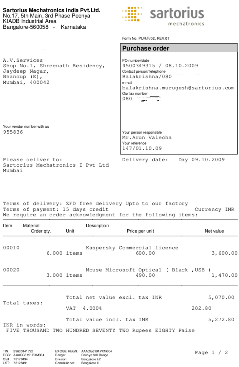 Purchase order from Sartorius Mechatronics India Pvt Ltd to AV Services for computer spares supply dated 8 October 2009
